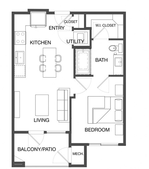 Floor plan for 1 bed, 1 bath, 619 sqft
